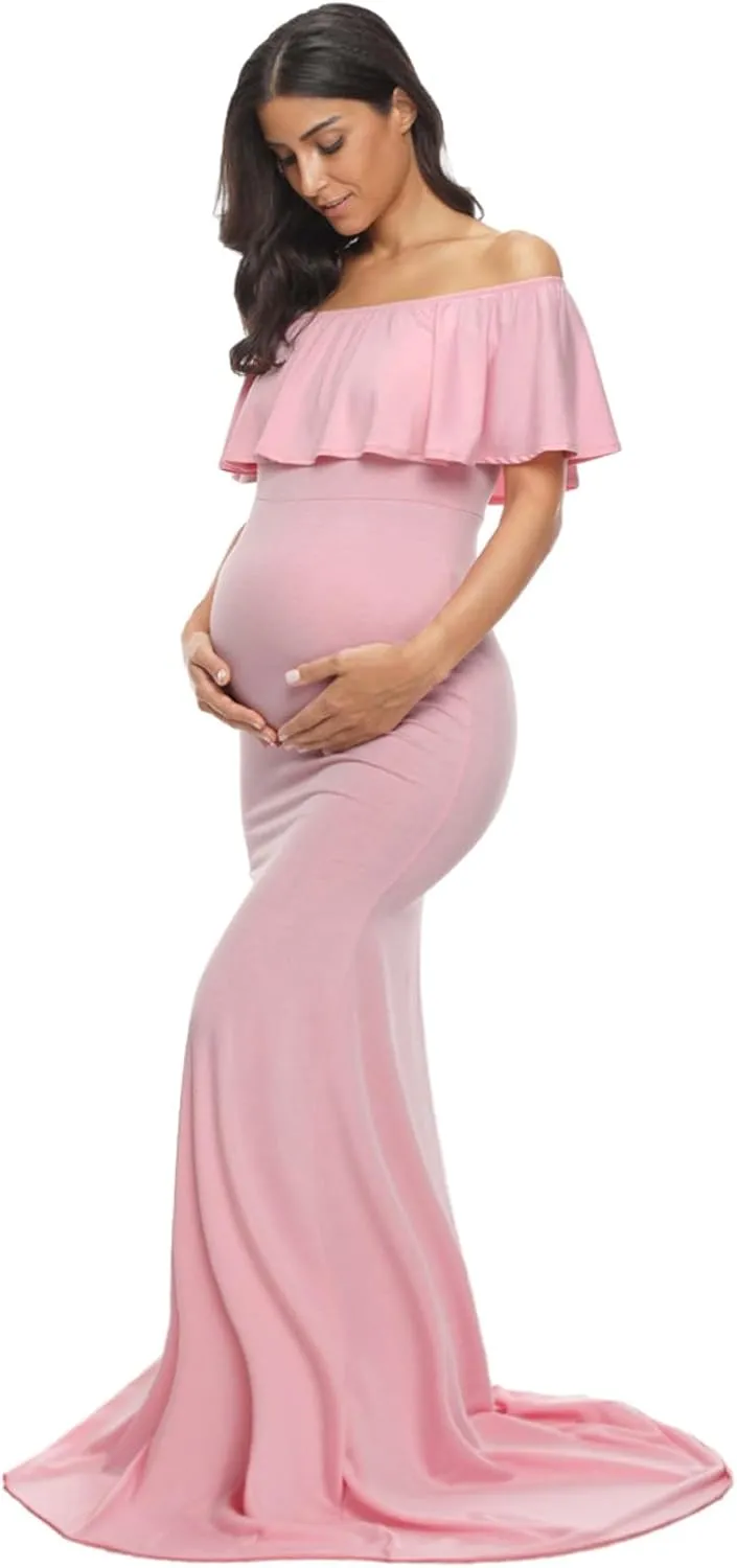 Glampunch Womens Off Shoulder Maternity Dress Ruffles Elegant Slim Gowns Fit Maxi Photography Dress