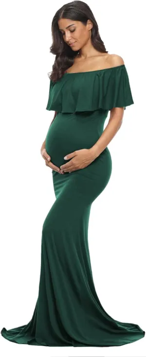 Glampunch Womens Off Shoulder Maternity Dress Ruffles Elegant Slim Gowns Fit Maxi Photography Dress