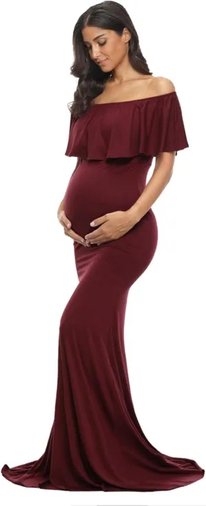 Glampunch Womens Off Shoulder Maternity Dress Ruffles Elegant Slim Gowns Fit Maxi Photography Dress