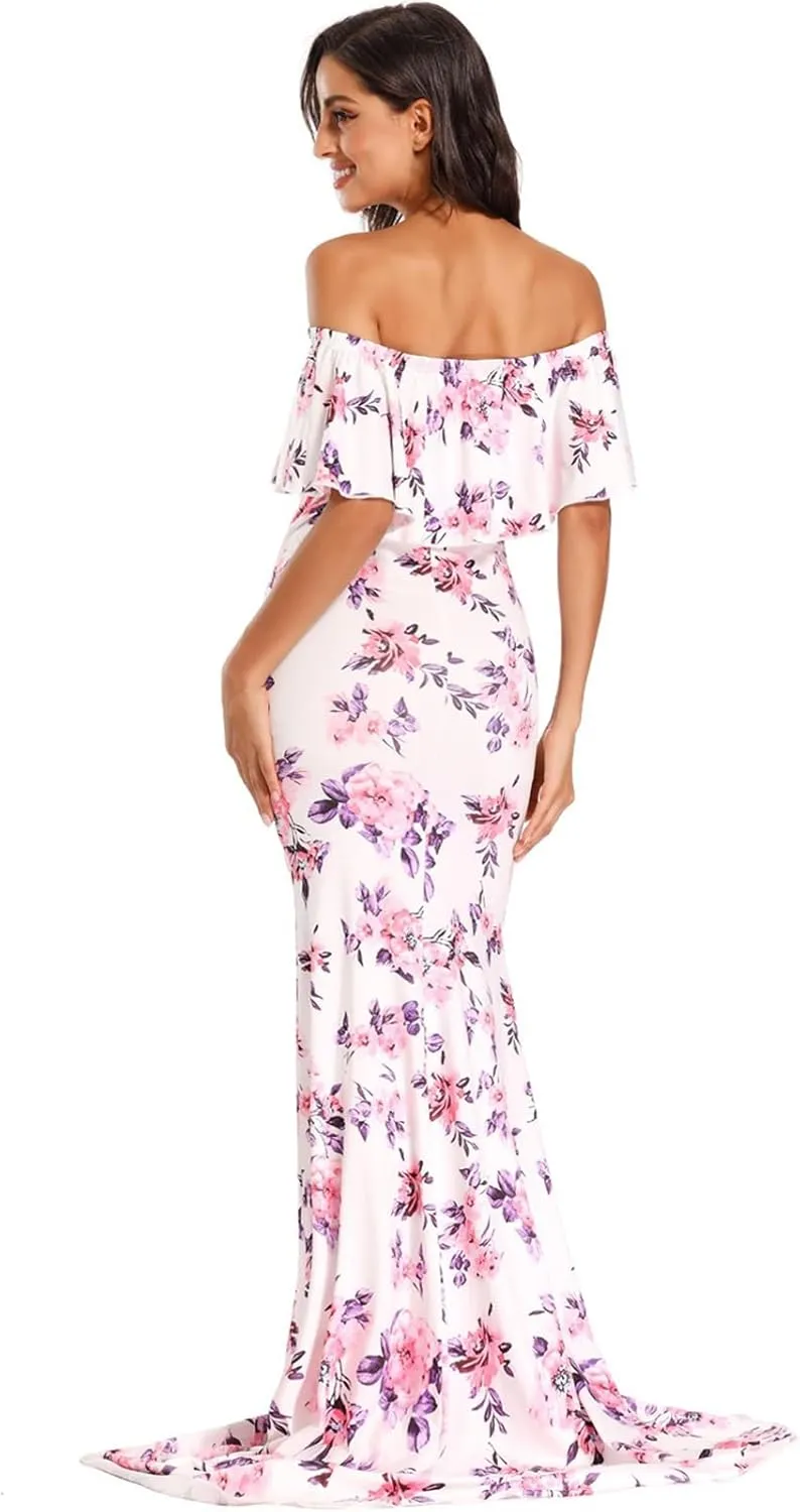 Glampunch Womens Off Shoulder Maternity Dress Ruffles Elegant Slim Gowns Fit Maxi Photography Dress