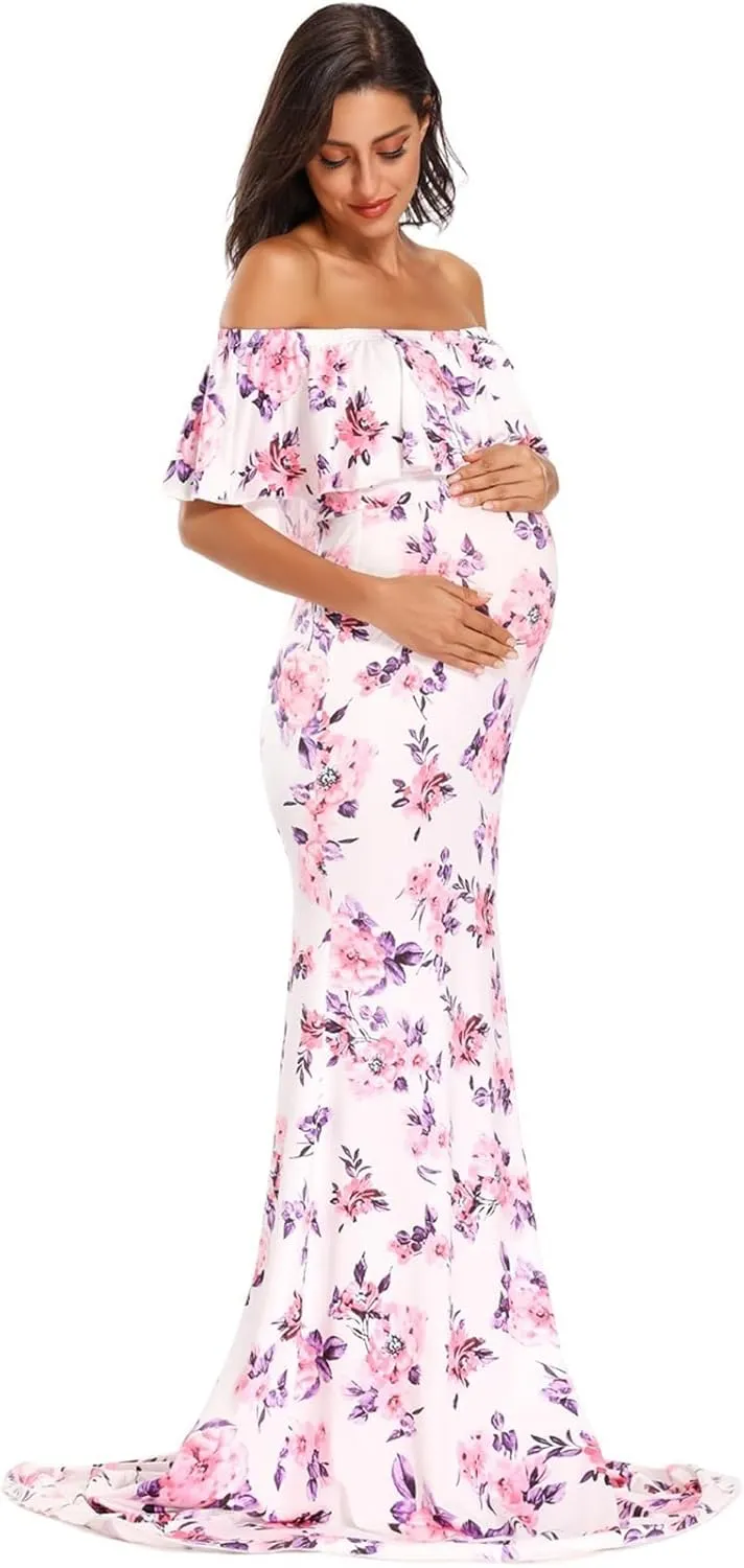 Glampunch Womens Off Shoulder Maternity Dress Ruffles Elegant Slim Gowns Fit Maxi Photography Dress
