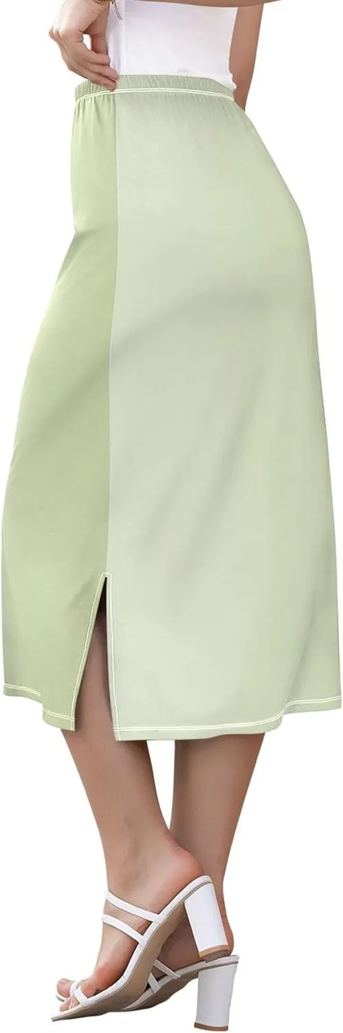 Green Yellow Glitter Slit Skirt Midi Long Womens Cute Straight Fit Skirts High Waist Stretch Fall Skirt S