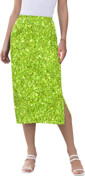 Green Yellow Glitter Slit Skirt Midi Long Womens Cute Straight Fit Skirts High Waist Stretch Fall Skirt S