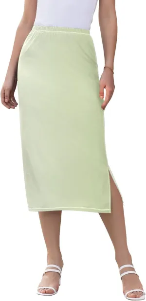 Green Yellow Glitter Slit Skirt Midi Long Womens Cute Straight Fit Skirts High Waist Stretch Fall Skirt S