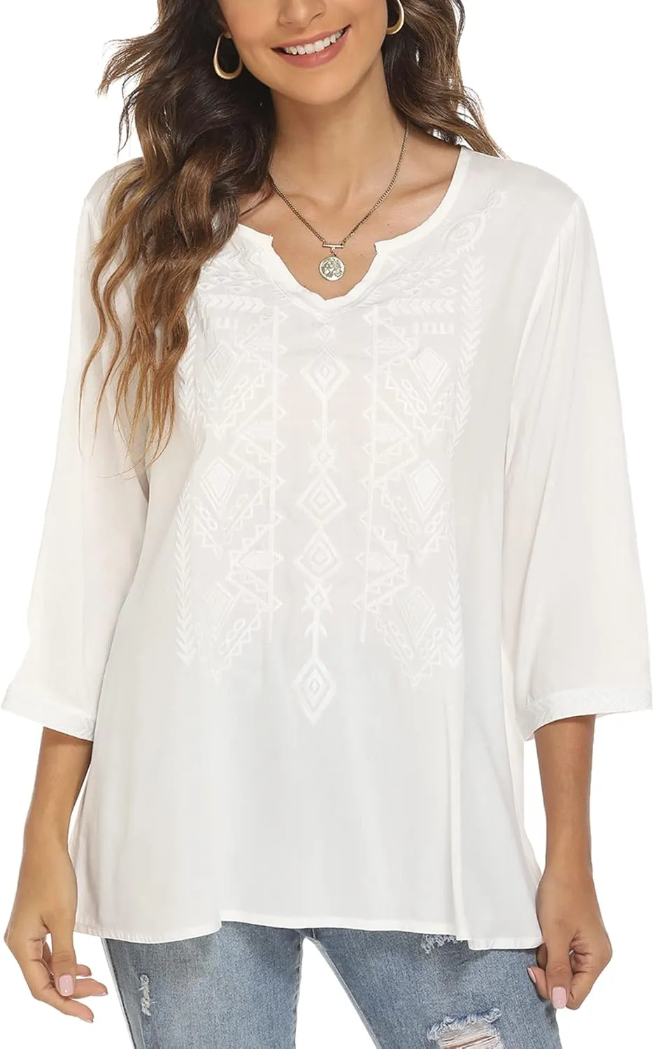 Grosy Women's Embroidered Plain Tunic Tops for Summer Fall Spring, Simple Elegant Dressy Blouse Casual Embroidery Solid Shirt