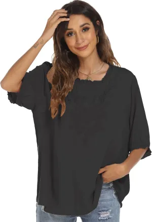 Grosy Women's Embroidered Plain Tunic Tops for Summer Fall Spring, Simple Elegant Dressy Blouse Casual Embroidery Solid Shirt
