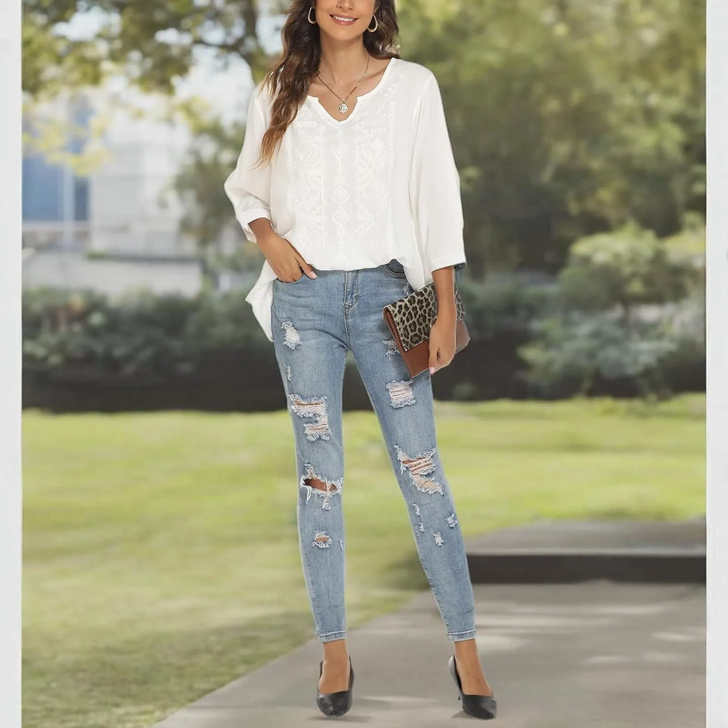 Grosy Women's Embroidered Plain Tunic Tops for Summer Fall Spring, Simple Elegant Dressy Blouse Casual Embroidery Solid Shirt