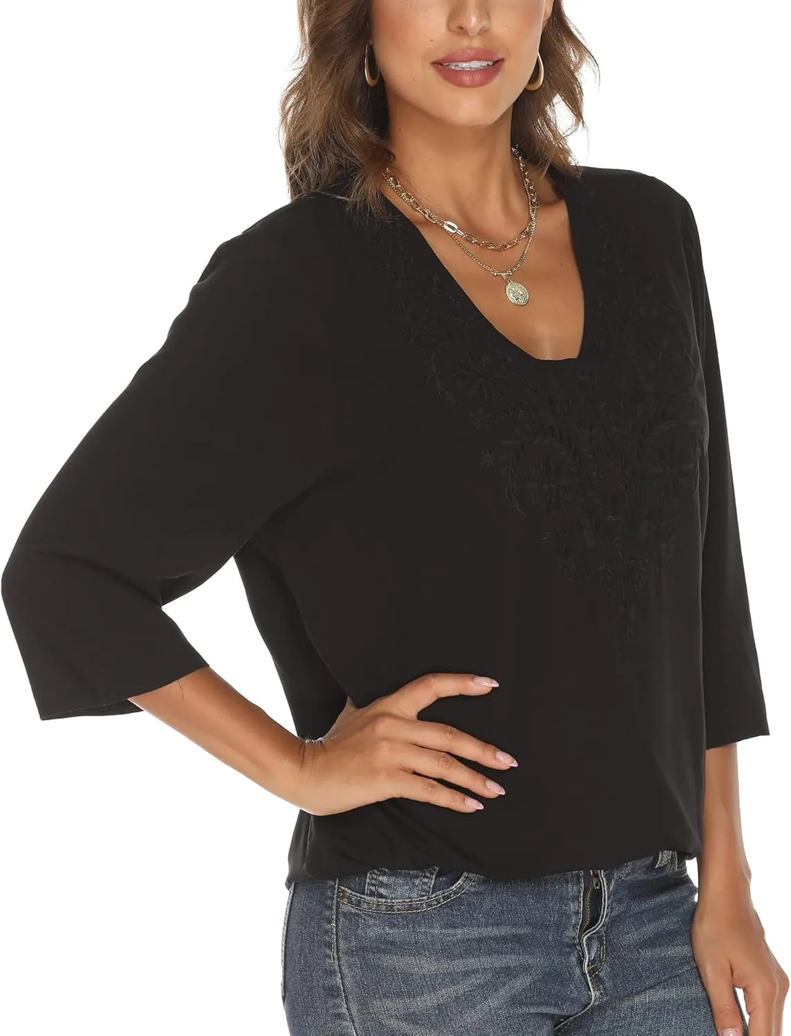 Grosy Women's Embroidered Plain Tunic Tops for Summer Fall Spring, Simple Elegant Dressy Blouse Casual Embroidery Solid Shirt