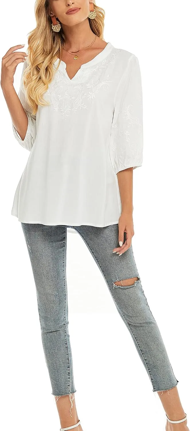 Grosy Women's Embroidered Plain Tunic Tops for Summer Fall Spring, Simple Elegant Dressy Blouse Casual Embroidery Solid Shirt