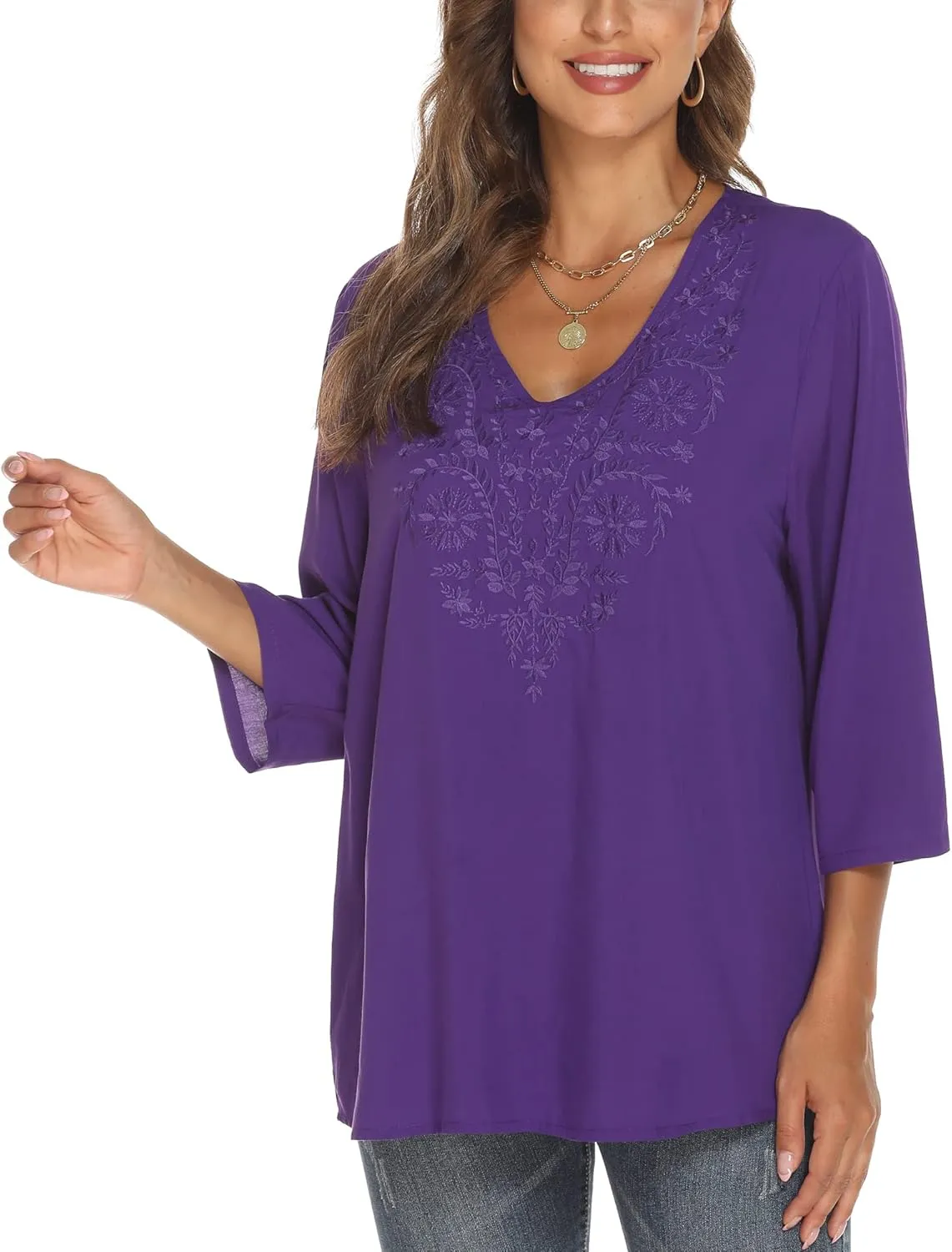 Grosy Women's Embroidered Plain Tunic Tops for Summer Fall Spring, Simple Elegant Dressy Blouse Casual Embroidery Solid Shirt