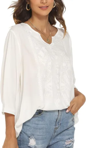 Grosy Women's Embroidered Plain Tunic Tops for Summer Fall Spring, Simple Elegant Dressy Blouse Casual Embroidery Solid Shirt