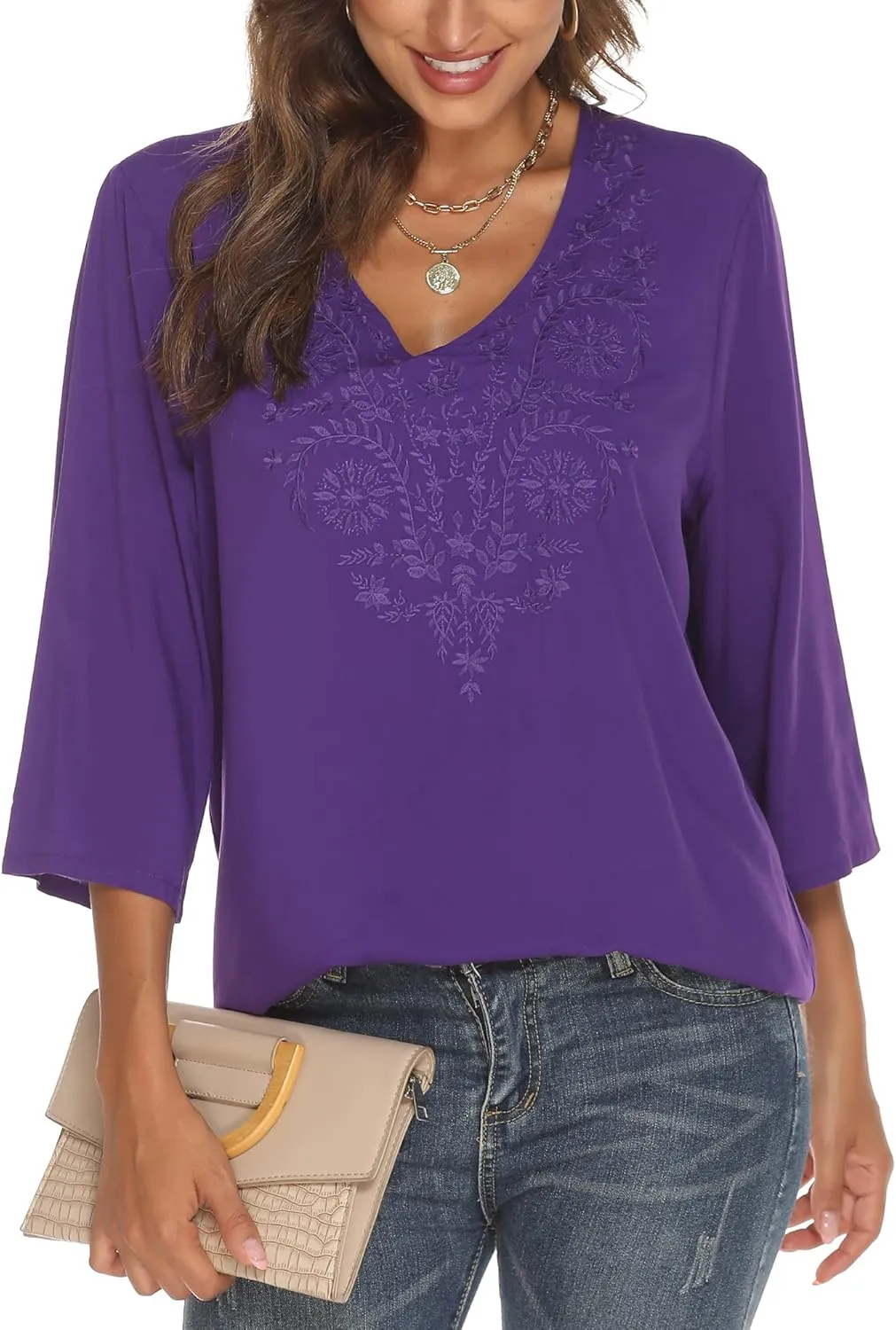 Grosy Women's Embroidered Plain Tunic Tops for Summer Fall Spring, Simple Elegant Dressy Blouse Casual Embroidery Solid Shirt