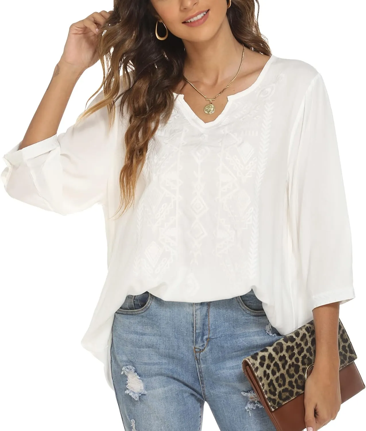Grosy Women's Embroidered Plain Tunic Tops for Summer Fall Spring, Simple Elegant Dressy Blouse Casual Embroidery Solid Shirt