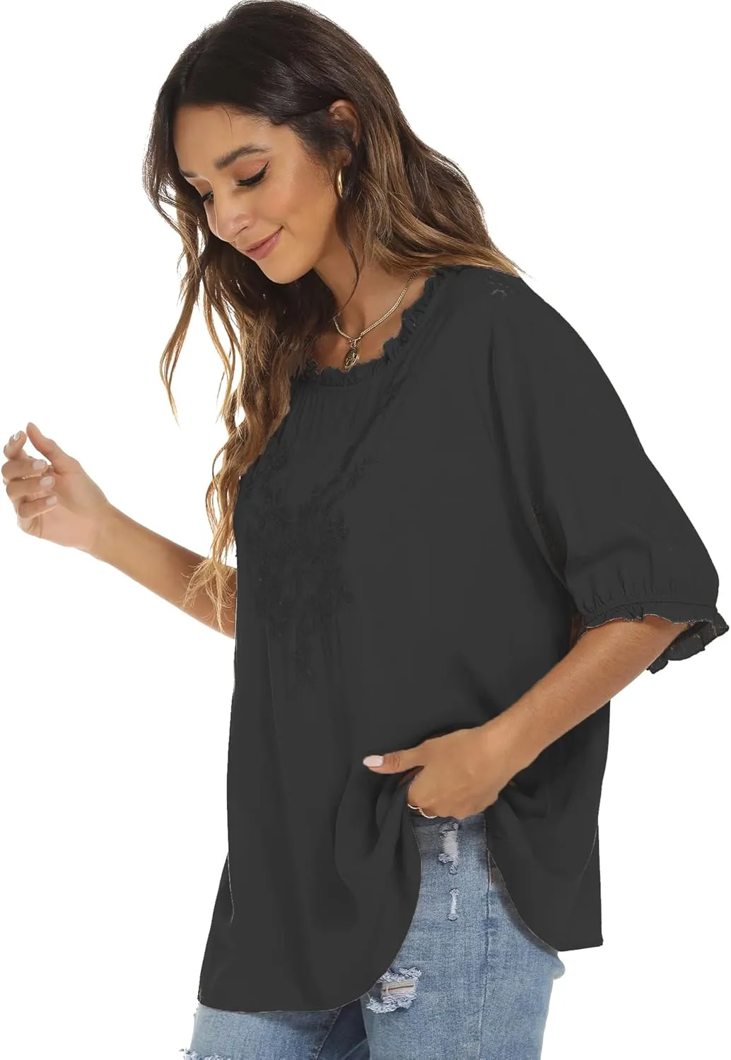 Grosy Women's Embroidered Plain Tunic Tops for Summer Fall Spring, Simple Elegant Dressy Blouse Casual Embroidery Solid Shirt