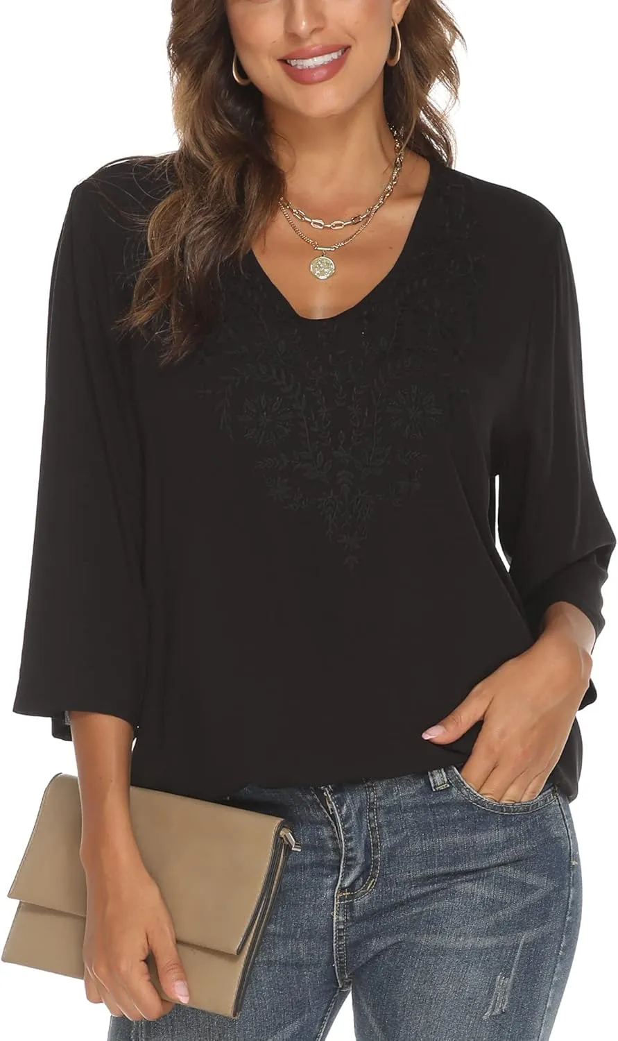 Grosy Women's Embroidered Plain Tunic Tops for Summer Fall Spring, Simple Elegant Dressy Blouse Casual Embroidery Solid Shirt
