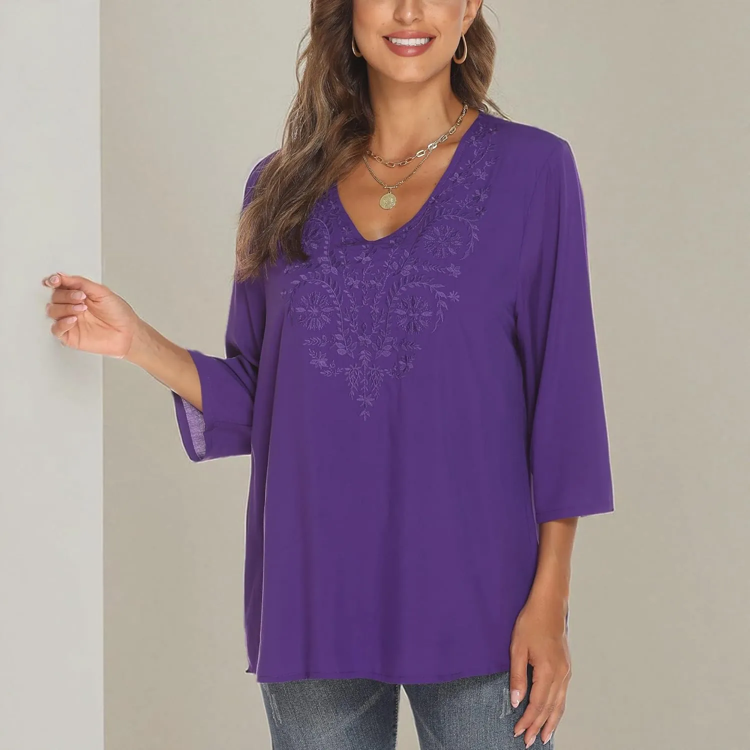 Grosy Women's Embroidered Plain Tunic Tops for Summer Fall Spring, Simple Elegant Dressy Blouse Casual Embroidery Solid Shirt