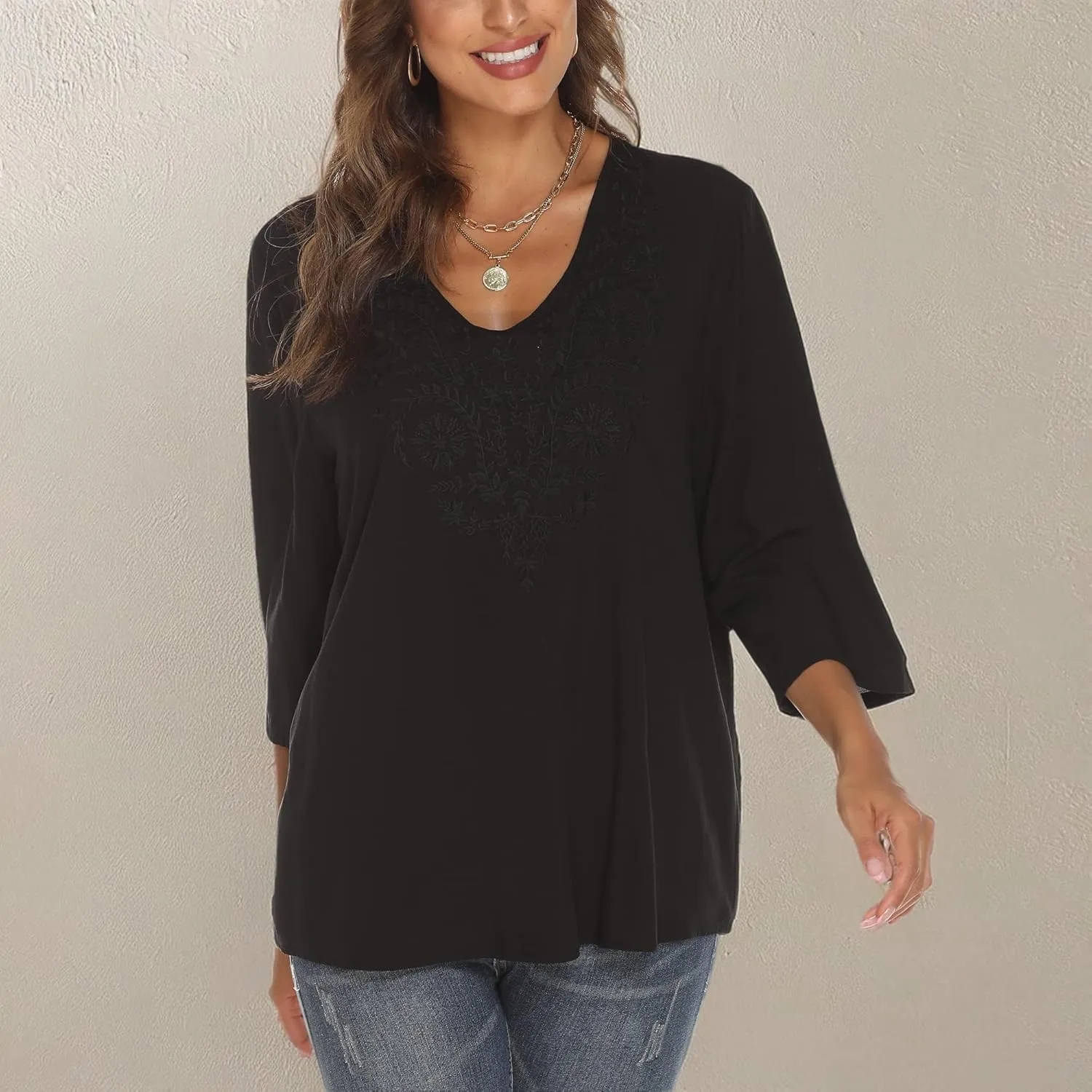 Grosy Women's Embroidered Plain Tunic Tops for Summer Fall Spring, Simple Elegant Dressy Blouse Casual Embroidery Solid Shirt