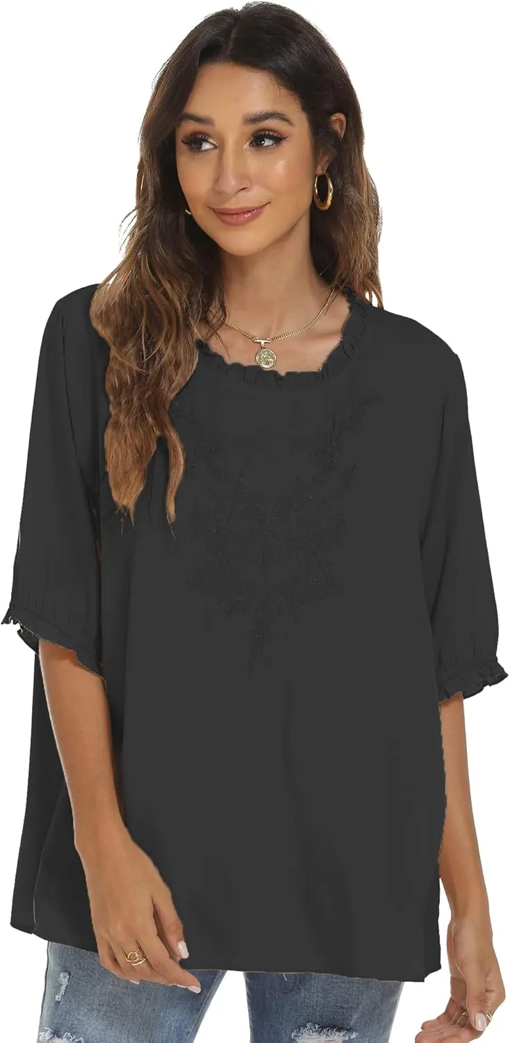 Grosy Women's Embroidered Plain Tunic Tops for Summer Fall Spring, Simple Elegant Dressy Blouse Casual Embroidery Solid Shirt