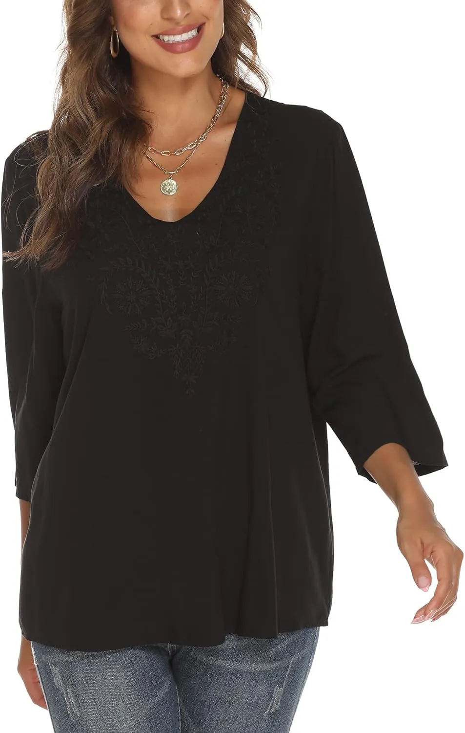 Grosy Women's Embroidered Plain Tunic Tops for Summer Fall Spring, Simple Elegant Dressy Blouse Casual Embroidery Solid Shirt