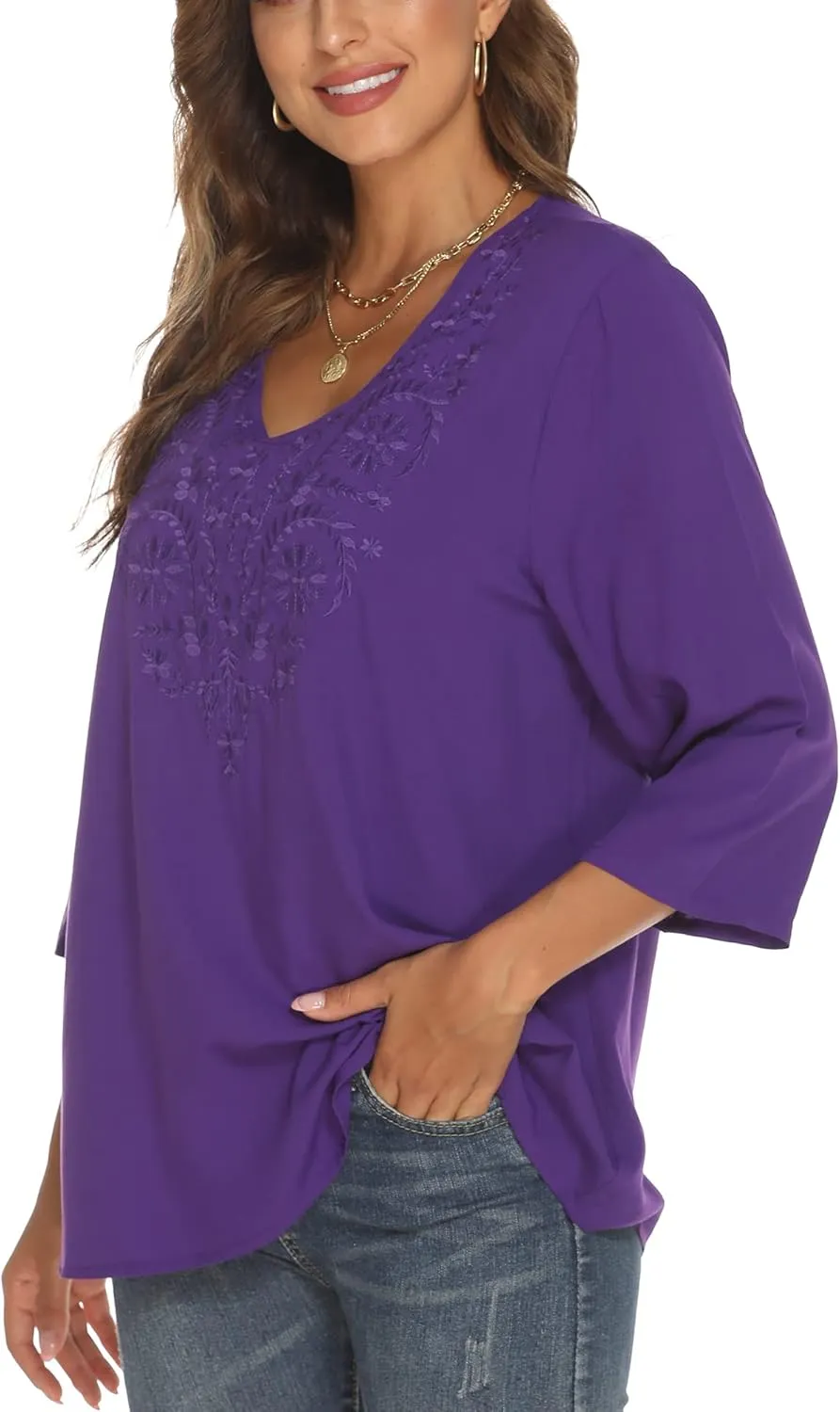 Grosy Women's Embroidered Plain Tunic Tops for Summer Fall Spring, Simple Elegant Dressy Blouse Casual Embroidery Solid Shirt