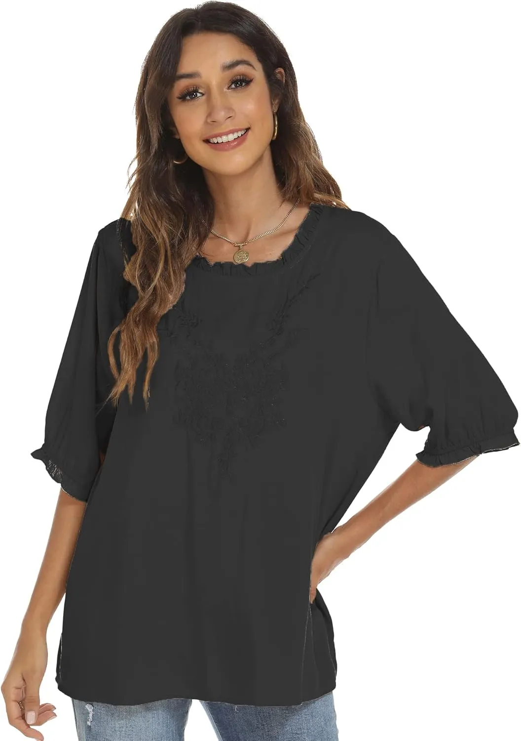 Grosy Women's Embroidered Plain Tunic Tops for Summer Fall Spring, Simple Elegant Dressy Blouse Casual Embroidery Solid Shirt
