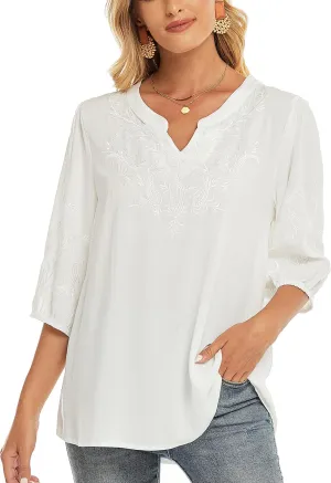 Grosy Women's Embroidered Plain Tunic Tops for Summer Fall Spring, Simple Elegant Dressy Blouse Casual Embroidery Solid Shirt