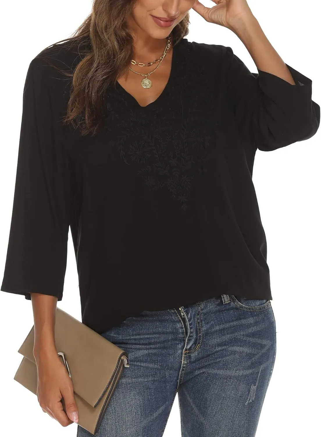 Grosy Women's Embroidered Plain Tunic Tops for Summer Fall Spring, Simple Elegant Dressy Blouse Casual Embroidery Solid Shirt