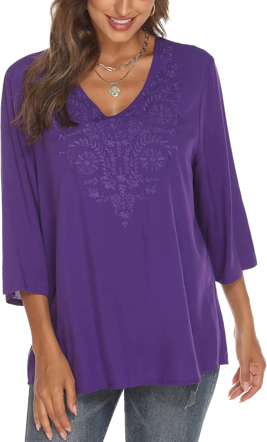 Grosy Women's Embroidered Plain Tunic Tops for Summer Fall Spring, Simple Elegant Dressy Blouse Casual Embroidery Solid Shirt