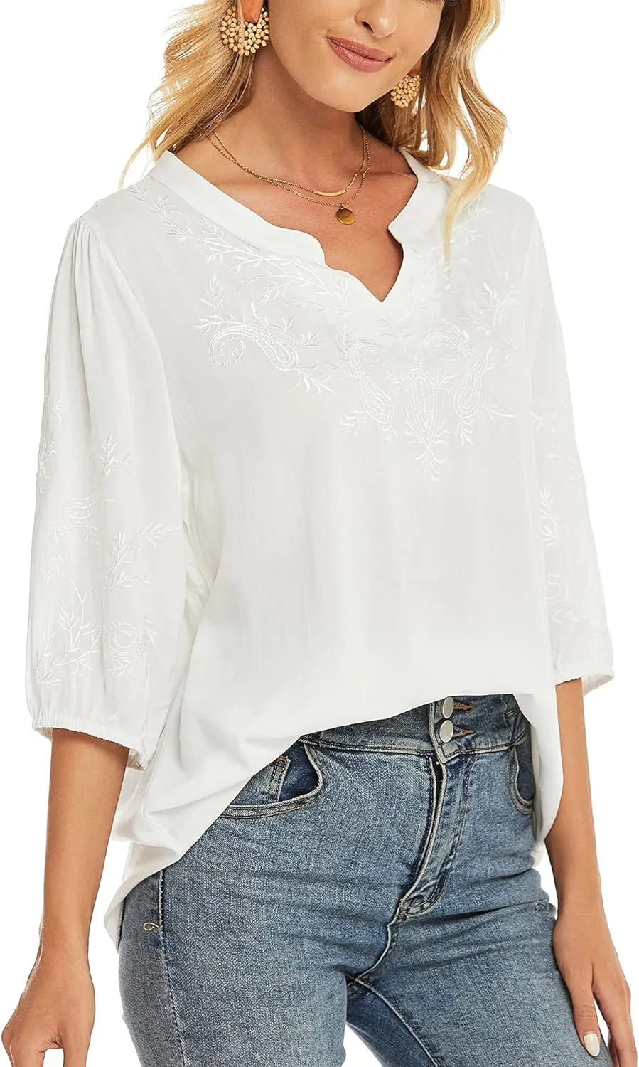 Grosy Women's Embroidered Plain Tunic Tops for Summer Fall Spring, Simple Elegant Dressy Blouse Casual Embroidery Solid Shirt