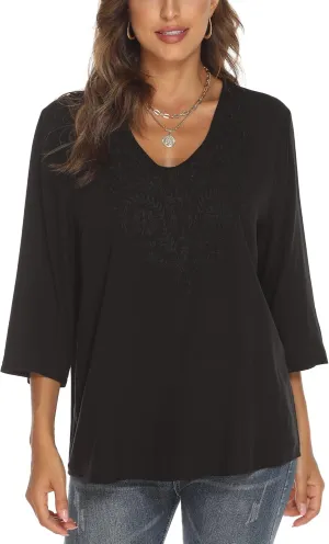 Grosy Women's Embroidered Plain Tunic Tops for Summer Fall Spring, Simple Elegant Dressy Blouse Casual Embroidery Solid Shirt