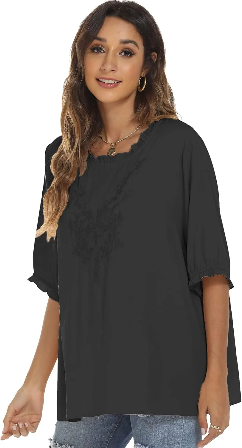 Grosy Women's Embroidered Plain Tunic Tops for Summer Fall Spring, Simple Elegant Dressy Blouse Casual Embroidery Solid Shirt