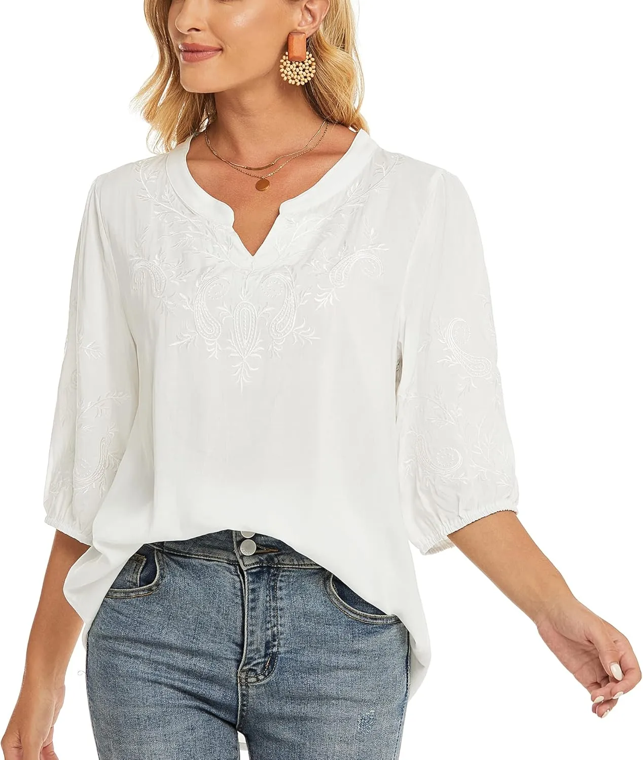 Grosy Women's Embroidered Plain Tunic Tops for Summer Fall Spring, Simple Elegant Dressy Blouse Casual Embroidery Solid Shirt