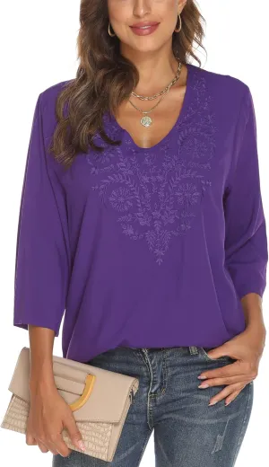 Grosy Women's Embroidered Plain Tunic Tops for Summer Fall Spring, Simple Elegant Dressy Blouse Casual Embroidery Solid Shirt