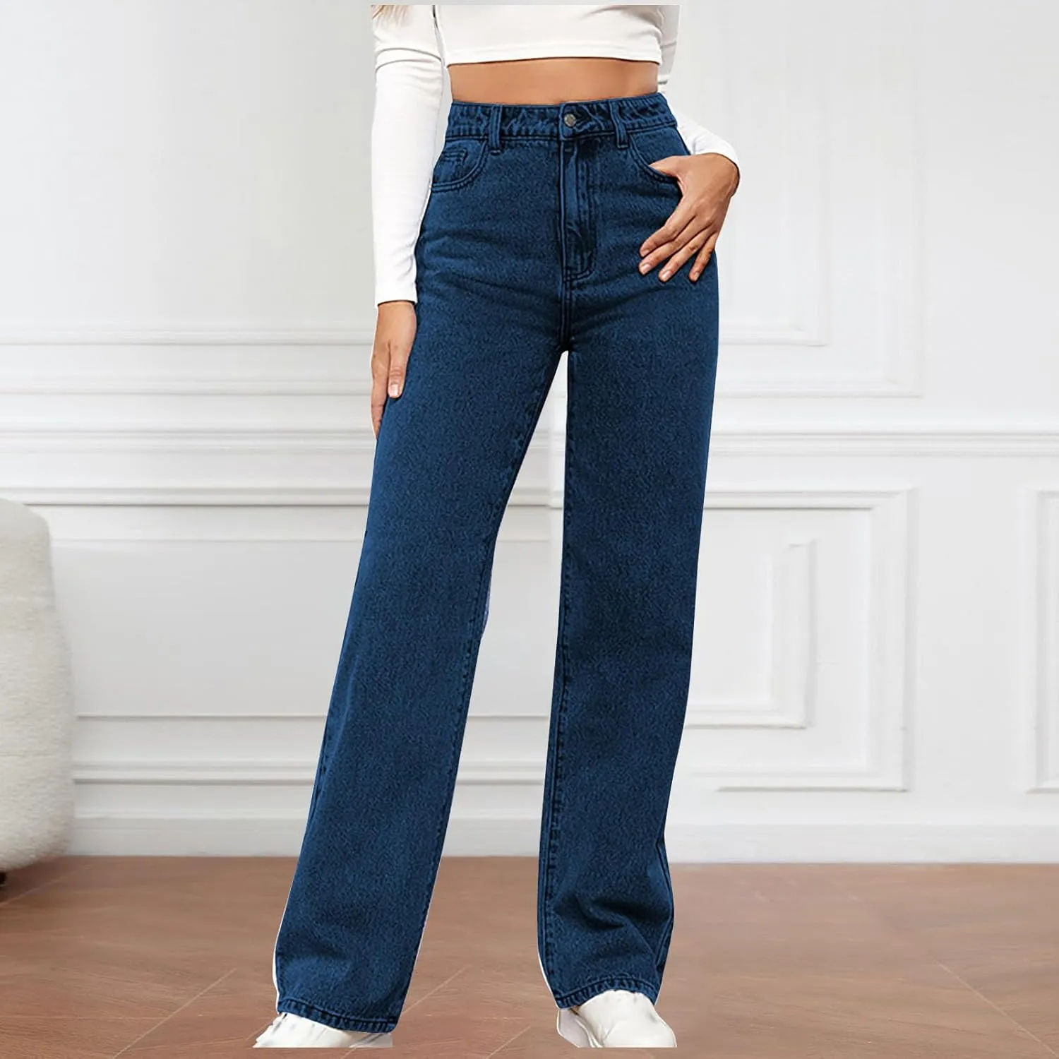 HGps8w Classic Straight Leg Jeans for Women Stretchy Casual High Waisted Versatile Denim Pants with Pockets