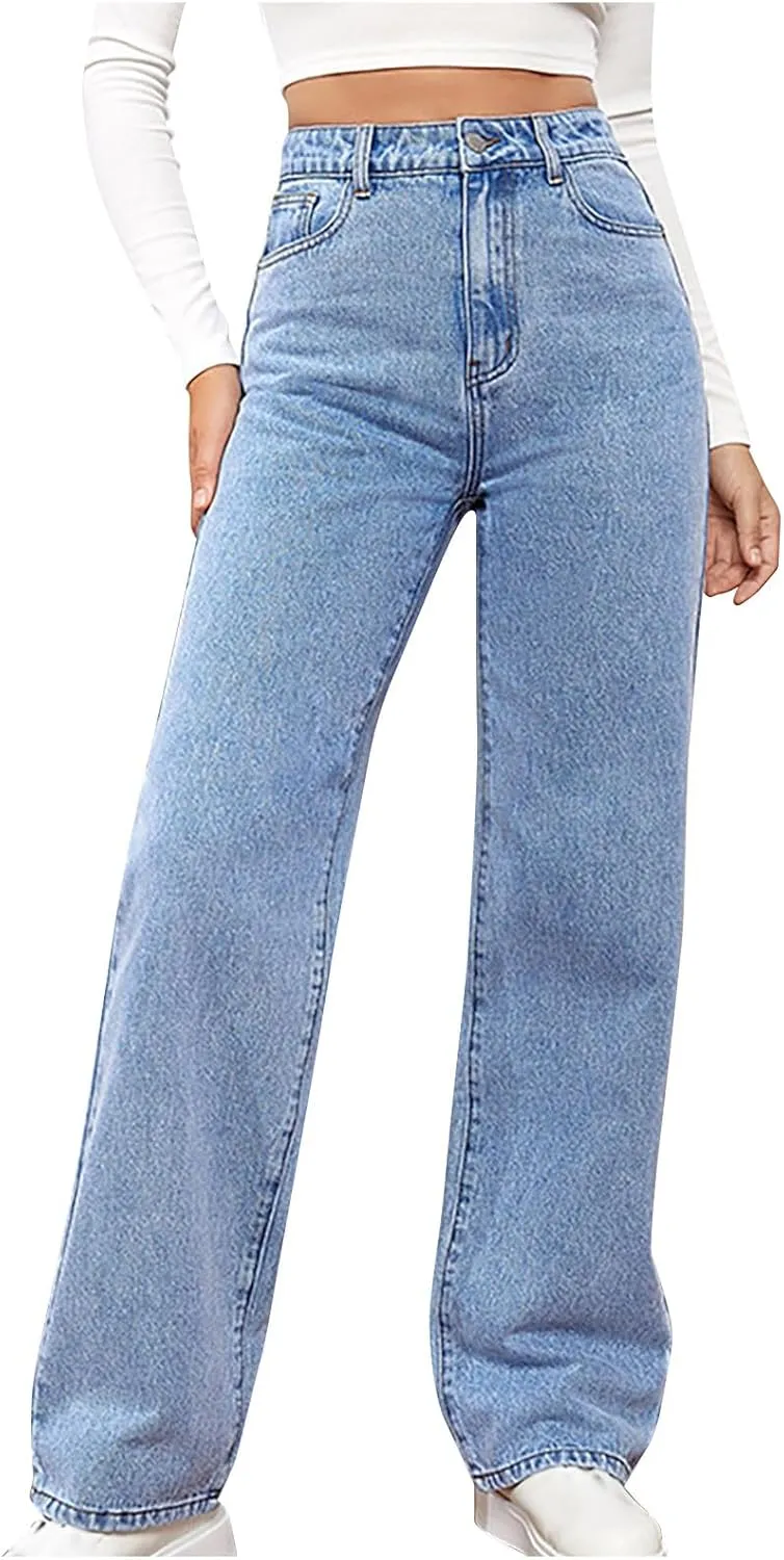 HGps8w Classic Straight Leg Jeans for Women Stretchy Casual High Waisted Versatile Denim Pants with Pockets