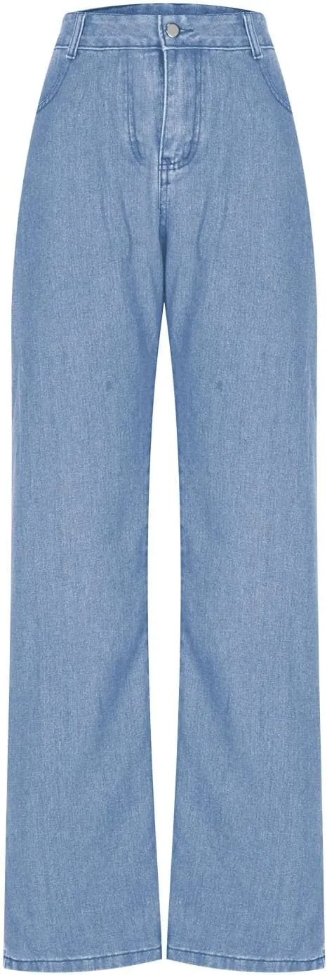 HGps8w Classic Straight Leg Jeans for Women Stretchy Casual High Waisted Versatile Denim Pants with Pockets