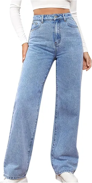HGps8w Classic Straight Leg Jeans for Women Stretchy Casual High Waisted Versatile Denim Pants with Pockets