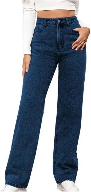 HGps8w Classic Straight Leg Jeans for Women Stretchy Casual High Waisted Versatile Denim Pants with Pockets