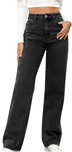 HGps8w Classic Straight Leg Jeans for Women Stretchy Casual High Waisted Versatile Denim Pants with Pockets