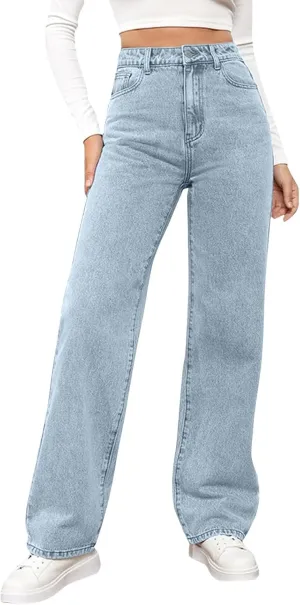 High Waisted Jeans for Women Straight Leg Denim Pants Wide Leg Jeans High Rise Baggy Pants with Pockets Streetwear