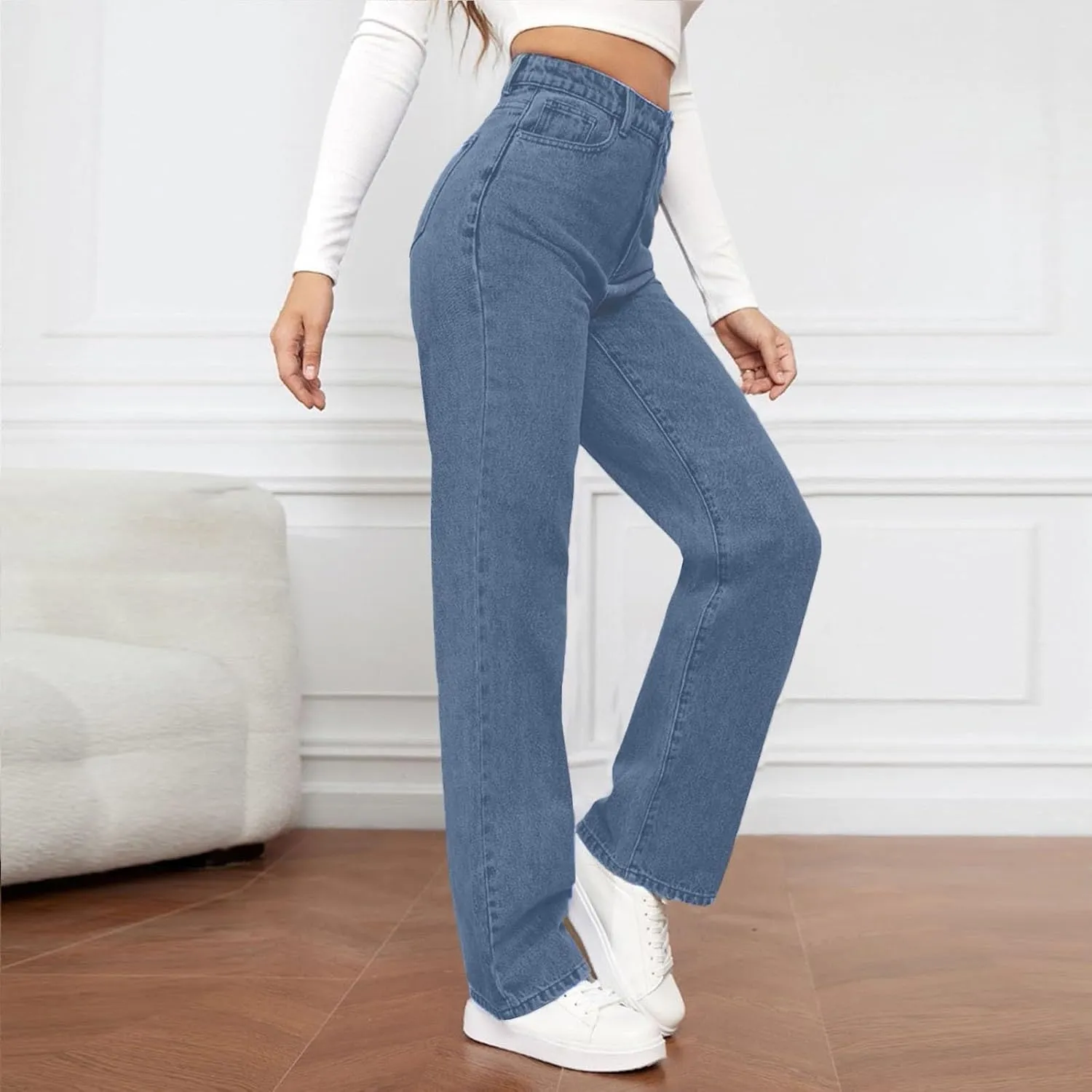 High Waisted Jeans for Women Straight Leg Denim Pants Wide Leg Jeans High Rise Baggy Pants with Pockets Streetwear