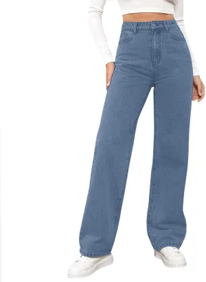 High Waisted Jeans for Women Straight Leg Denim Pants Wide Leg Jeans High Rise Baggy Pants with Pockets Streetwear