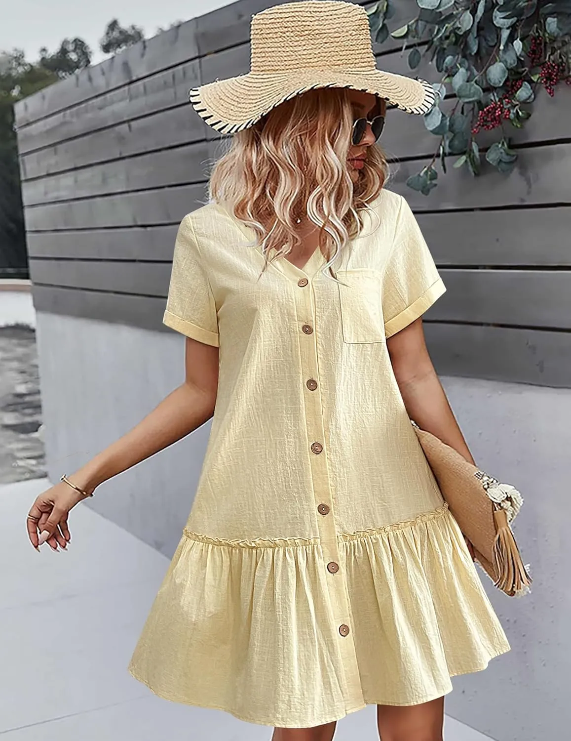 HOTOUCH Women Button Down Dress Loose Summer Cotton Linen Dress Ruffle Hem Casual Dress Short Sleeve Tunic Dress