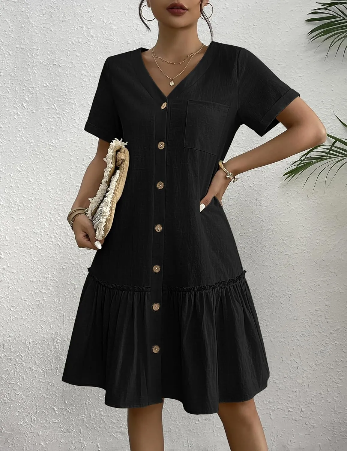 HOTOUCH Women Button Down Dress Loose Summer Cotton Linen Dress Ruffle Hem Casual Dress Short Sleeve Tunic Dress