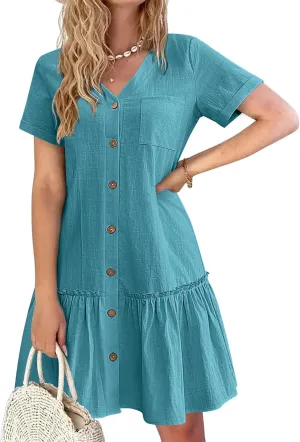 HOTOUCH Women Button Down Dress Loose Summer Cotton Linen Dress Ruffle Hem Casual Dress Short Sleeve Tunic Dress