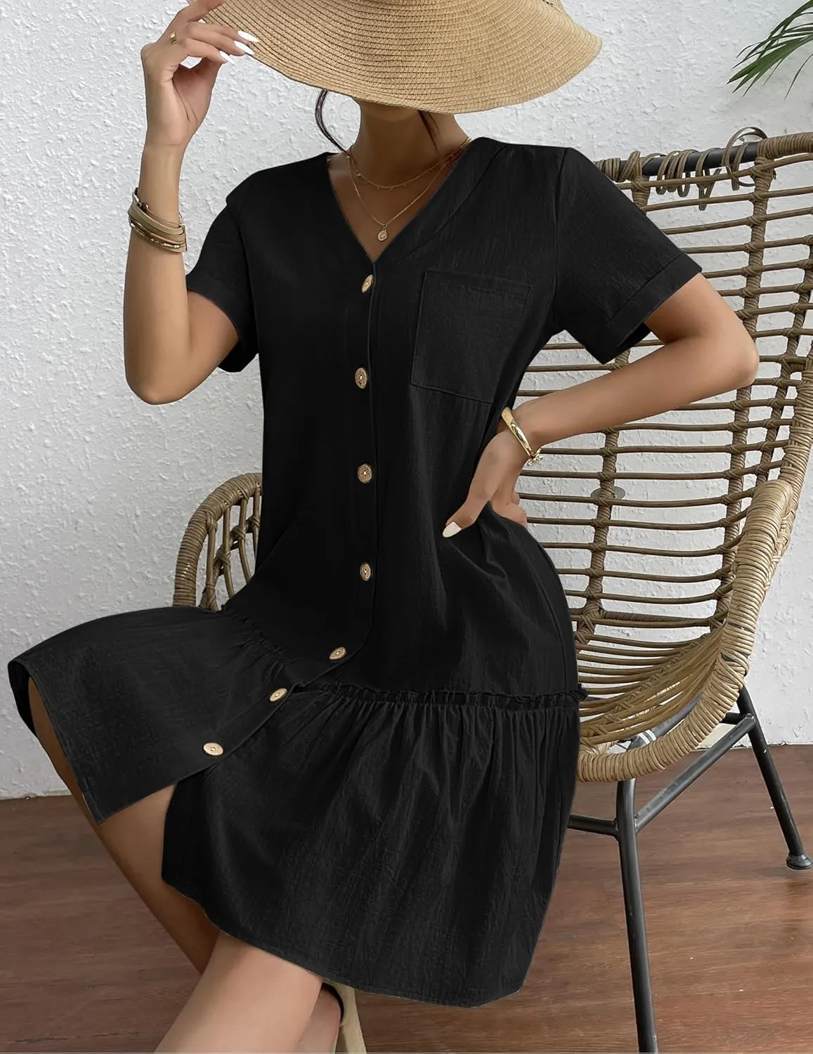HOTOUCH Women Button Down Dress Loose Summer Cotton Linen Dress Ruffle Hem Casual Dress Short Sleeve Tunic Dress