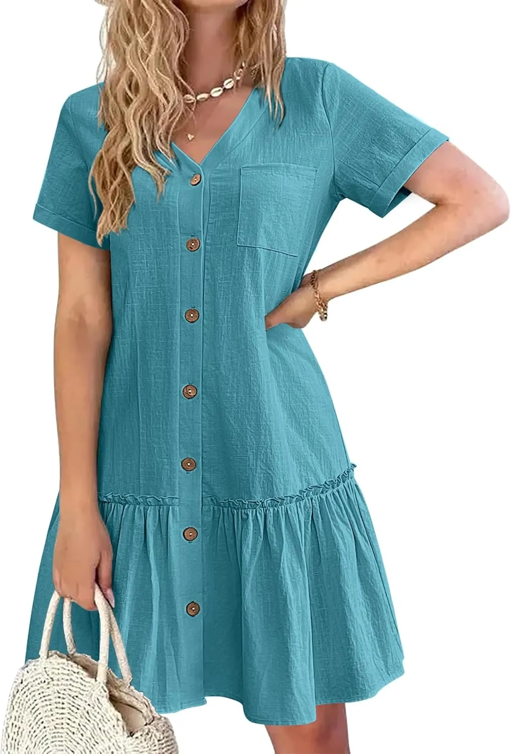 HOTOUCH Women Button Down Dress Loose Summer Cotton Linen Dress Ruffle Hem Casual Dress Short Sleeve Tunic Dress