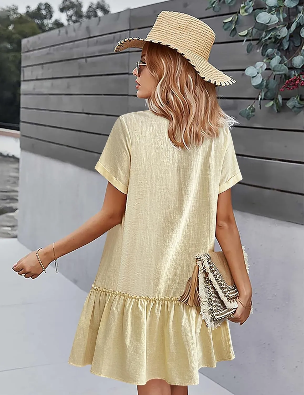 HOTOUCH Women Button Down Dress Loose Summer Cotton Linen Dress Ruffle Hem Casual Dress Short Sleeve Tunic Dress