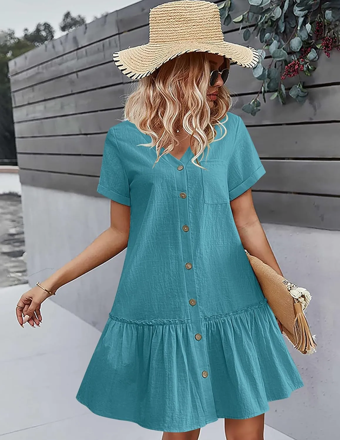 HOTOUCH Women Button Down Dress Loose Summer Cotton Linen Dress Ruffle Hem Casual Dress Short Sleeve Tunic Dress