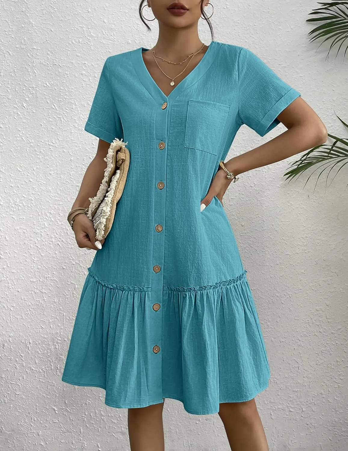 HOTOUCH Women Button Down Dress Loose Summer Cotton Linen Dress Ruffle Hem Casual Dress Short Sleeve Tunic Dress